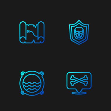 Korsan hattı, deniz manzaralı gemi penceresi, korsan hazine haritası ve kafatası. Renk simgeleri. Vektör