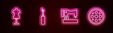 Manken, Awl aracı, dikiş makinesi ve düğme ayarlayın. Parlayan neon ikonu. Vektör