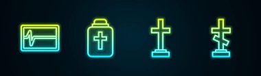 Beat hattı monitörde öldü, cenaze vazosu, haçlı mezar ve... Parlayan neon ikonu. Vektör