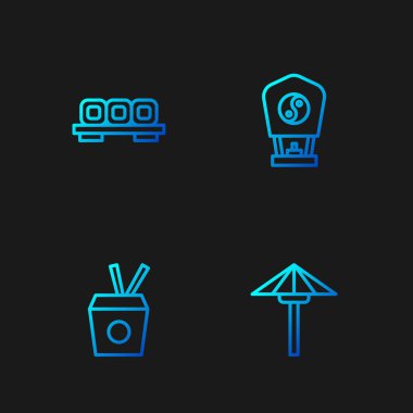 Güneşten gelen Japon şemsiyesi, kutuda erişteler ve yemek çubukları, kesim tahtasında suşi ve Çin kağıt feneri. Renk simgeleri. Vektör