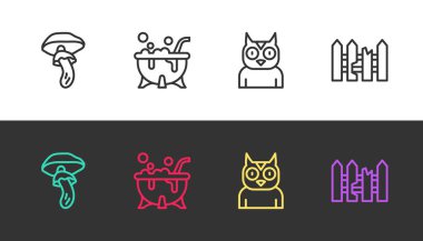 Psilocybin mantarı, cadılar bayramı cadı kazanı, Baykuş kuşu ve bahçe çitleri siyah beyaz. Vektör