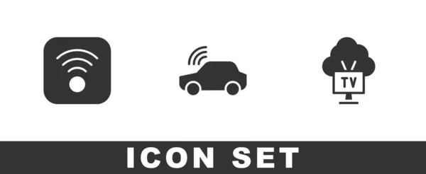 Zestaw Bezprzewodowy Internet Inteligentny System Samochodowy Ikona Telewizji Wektor — Wektor stockowy