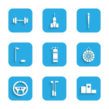 Set Aqualung, Golf club, Award over sports winner podium, Classic dart board, Steering wheel, flag, Baseball bat and Dumbbell icon. Vector