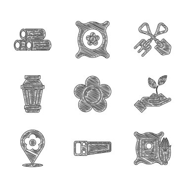 Set Flower, Hand saw, Corn in the sack, Plant hand of environmental, Location with flower, Garden light lamp, Shovel rake and Wooden logs icon. Vector