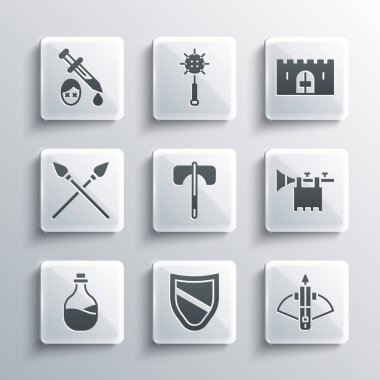 Set kalkanı, oklu savaş tatar yayı, trompet bayrağı, ortaçağ baltası, eski şarap şişesi çapraz ortaçağ mızrakları kılıç kanı ve kale kapısı ikonu. Vektör