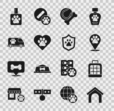 Set Dog House, Pet taşıma çantası, lokasyon veterineri, oyuncak kemik kauçuk ve top, hayvan ayaklı kalp, veteriner ambulansı, şampuan ve hayvan sağlığı sigortası ikonu. Vektör