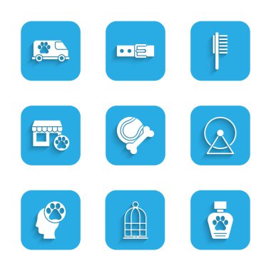 Set Pet toys bone rubber and ball, Cage for birds, shampoo, Hamster wheel, Human with animals footprint, Veterinary hospital, Pets vial medical and ambulance icon. Vector