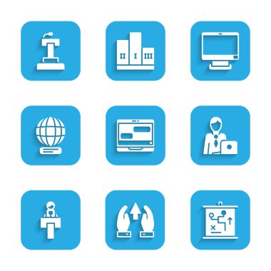 Sohbet mesajlarını dizüstü bilgisayar, grafik ve ilerleme, planlama stratejisi konsepti, iş adamı, sahne standı veya tribün, dünya çapında, bilgisayar monitörü ve simgeye ayarla. Vektör