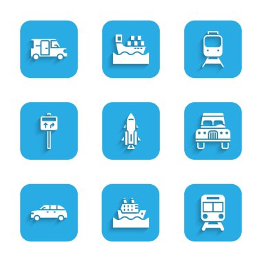 Roket gemisini ateş, Cruise, tren ve demiryolu, Car, Hatchback arabası, trafik levhası ve Minibus ikonu ile ayarlayın. Vektör
