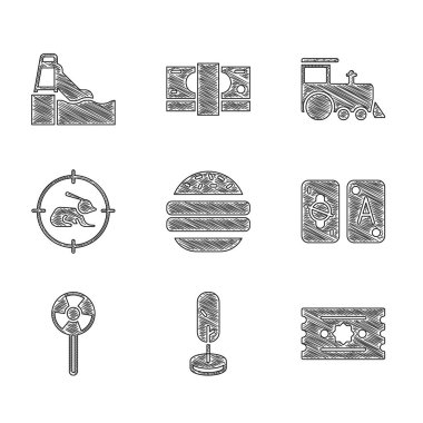 Set Burger, Tree, Ticket, Tarot cards, Lollipop, Hunt on rabbit with crosshairs, Toy train and Water slide icon. Vector
