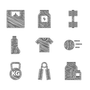 Set tişörtü, spor açıcı, spor beslenmesi, tenis topu, kettlebell, fitness karıştırıcı, Dumbbell ve Banyo ikonu. Vektör