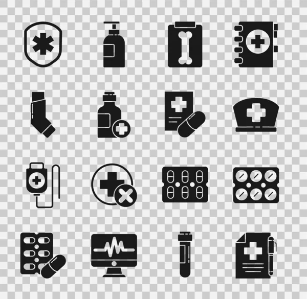 Definir prescrição médica e caneta, comprimidos em blister, chapéu de enfermeira com cruz, tiros de raios-X, garrafa de xarope de medicamento, inalador, escudo e ícone. Vetor — Vetor de Stock