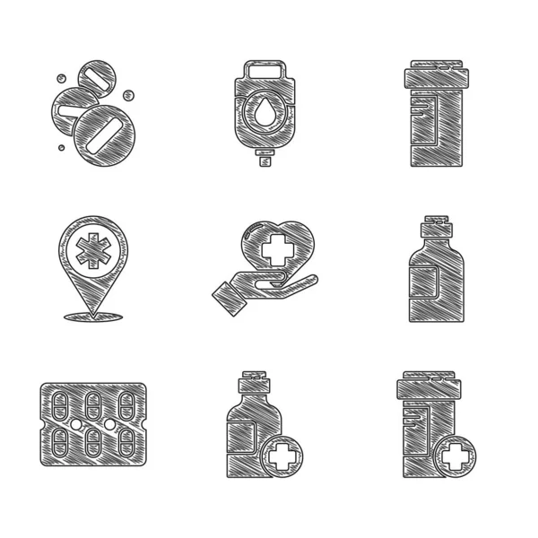 Set Heart with a cross, Bottle of medicine syrup, Medicine bottle, Pills blister pack, Map pointer hospital, and pill or tablet icon. Vector — Archivo Imágenes Vectoriales