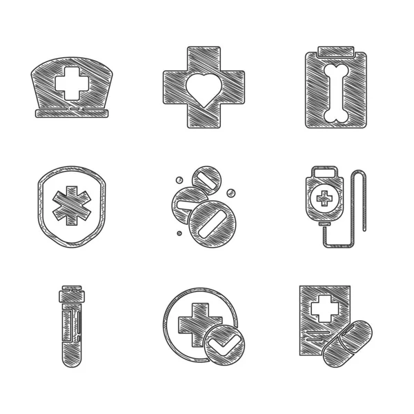 Set Medicine pill or tablet, Cross hospital medical, Medical prescription, IV bag, Test tube with blood, shield cross, X-ray shots and Nurse hat icon. Vector — Archivo Imágenes Vectoriales
