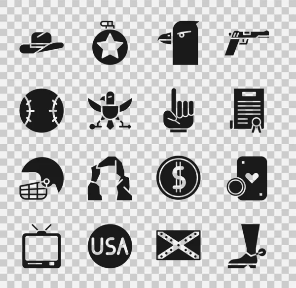 Set Cowboy boot, Casino chip and playing cards, Declaration of independence, Eagle head, Baseball ball, Western cowboy hat and Number 1 one fan hand glove icon. Vector — Stockvector