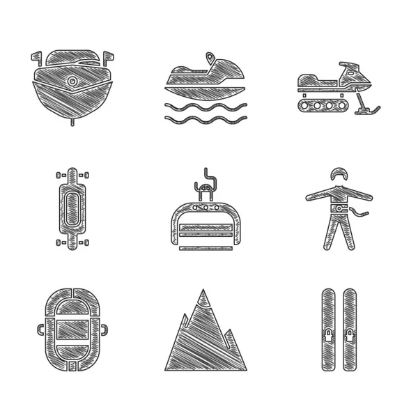 Set Ski lift, Mountains, and sticks, Bungee jumping, Rafting boat, Longboard or skateboard, Snowmobile and Speedboat icon. Vector — Vetor de Stock