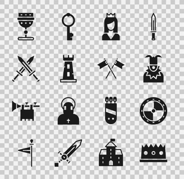 Set King crown, Round wooden shield, Joker head, Princess, Castle tower, Crossed medieval sword, Medieval goblet and flag icon. Vector — Stock Vector