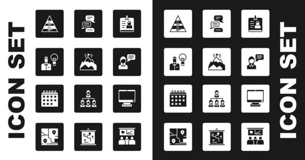 Set Insigne d'identification, Montagnes avec drapeau, Ampoule humaine, Infographie graphique pyramidale, Chat bulle vocale, Écran d'ordinateur et icône du calendrier. Vecteur — Image vectorielle