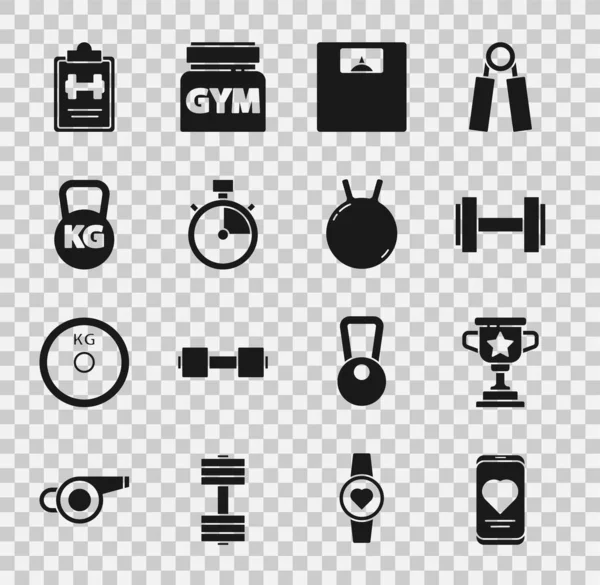Kalp atış hızı, ödül kupası, Dumbbell, banyo terazisi, Stopwatch, Kettlebell, spor eğitim programı ve ikonu olan mobil set. Vektör