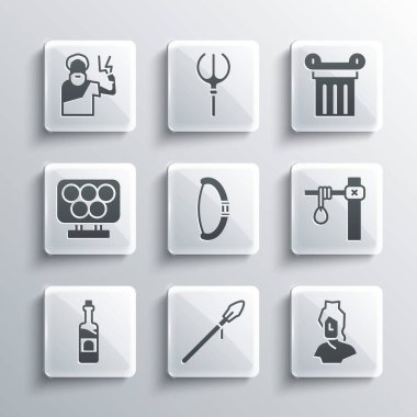 Ortaçağ mızrağı, Antik büst heykeli, darağacı, yay, şarap şişesi, olimpik halkalar, Zeus ve sütun ikonu. Vektör