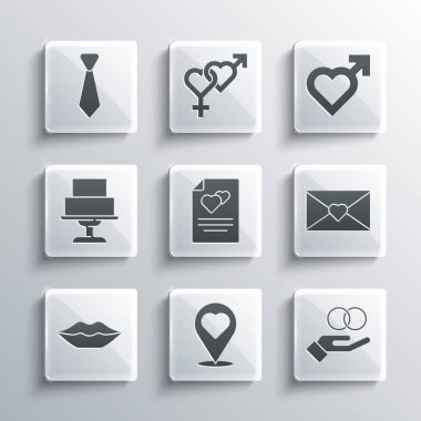 Yeri kalp, alyans, zarf sevgililer günü kartı, gülümseyen dudaklar, pasta, kravat ve kalp erkek cinsiyet ikonu ile belirleyin. Vektör