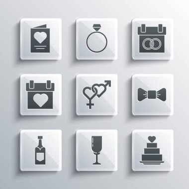 Bir kadeh şampanya, kalpli düğün pastası papyon, cinsiyet, şampanya şişesi, takvim, tebrik kartı ve ikon. Vektör