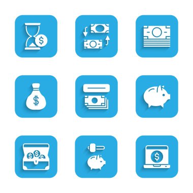ATM ve para ayarlayın, Piggy Bank çekiç, dolarlı laptop, hazine sandığı, para çantası, deste kağıt para ve kum saati ikonu. Vektör