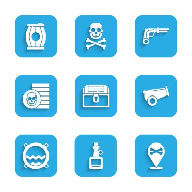 Antika hazine sandığı, alkol içeceği rom, konum korsanı, top, deniz manzaralı gemi penceresi, korsan parası, klasik tabancalar ve barut fıçısı ikonu. Vektör