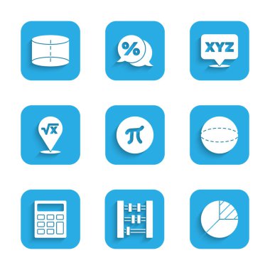 Pi sembolü, Abacus, Pie grafik bilgisi, Geometrik şekil küre, Hesap makinesi, x kabartmasının kare kökü, XYZ koordinat sistemi ve silindir simgesi. Vektör