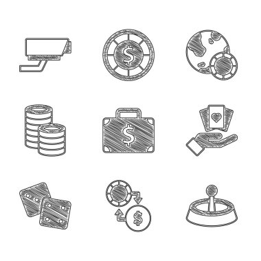 Set Briefcase and money, Casino chips exchange, roulette wheel, Hand holding playing cards, Game dice, and Security camera icon. Vector