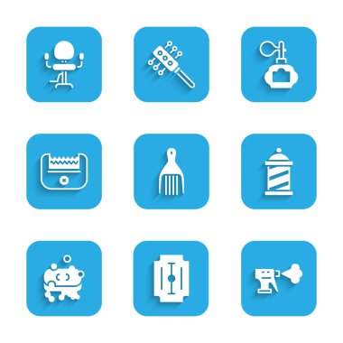 Barrette, Blade tıraş makinesi, kuaför tabancası sprey şişesi, berber dükkanı direği köpüklü sabun, elektrikli saç makasi, tıraş losyonu ve berber koltuğu ikonu. Vektör