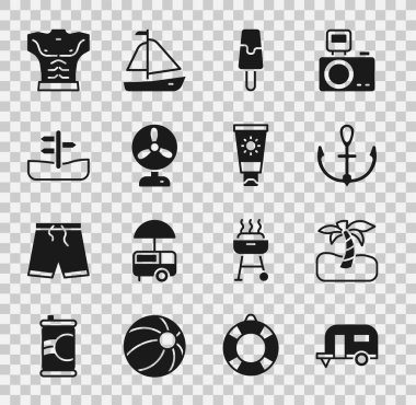 Rv Kamp karavanı, Tropikal palmiye ağacı, Anchor, dondurma, elektrik vantilatörü, trafik levhası, vücut geliştirici kas ve güneş kremi ikonu. Vektör