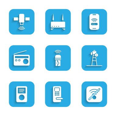 Usb kablosuz adaptörü, dijital kapı kilidi, kablosuz internet yok, uydu anteni, müzik çalar, radyo, kablosuz ağ ve simgeye sahip Mobil 'i ayarla. Vektör
