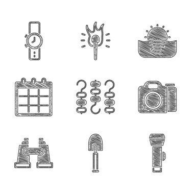 Izgara şiş kebabı şiş, kürek, fener, fotoğraf makinesi, dürbün, takvim, gündoğumu ve bilek izleme simgesine ayarlayın. Vektör
