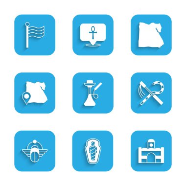 Nargile, Mısır mumyası lahitte, Mısır evi, Crook and Flail, Scarab, Harita ve Bayrak ikonu. Vektör