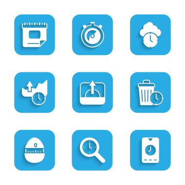 Sunrise 'ı ayarla, saatli büyüteç, Alarm uygulamalı mobil, zaman kaybı, mutfak zamanlayıcısı, borsa büyüme grafikleri, saat ve takvim simgesi. Vektör