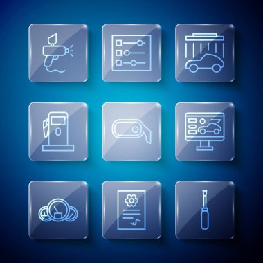 Hız göstergesi, otomotiv kontrolü otomotiv, tornavida, oto yıkama, dikiz aynası, benzin istasyonu, boya sprey tabancası ve araba ikonunun teşhisi. Vektör