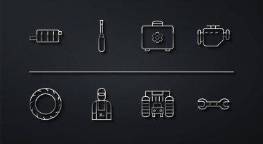 Araba susturucusu, lastik tekerleği, motoru kontrol et, yıkama, tamirci, tornavida, anahtarlık ve alet kutusu simgesi. Vektör