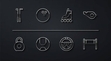 Set hattı golf kulübü, Kettlebell, Whistle, direksiyon, tenis topu, bowling, voleybol ve paten ikonu. Vektör