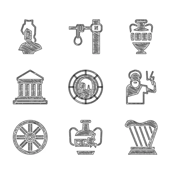Set Ancient Greek coin, Broken amphorae, Harp, Zeus, Old wooden wheel, Parthenon, and bust sculpture icon. Vector — Image vectorielle