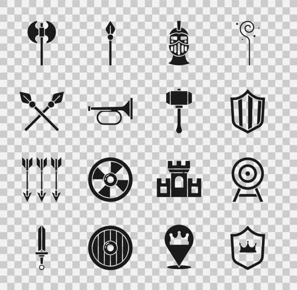 Set Shield with crown, Target arrow, Medieval iron helmet, Trumpet, Crossed medieval spears, axe and Hammer icon. Vector — Stockvektor