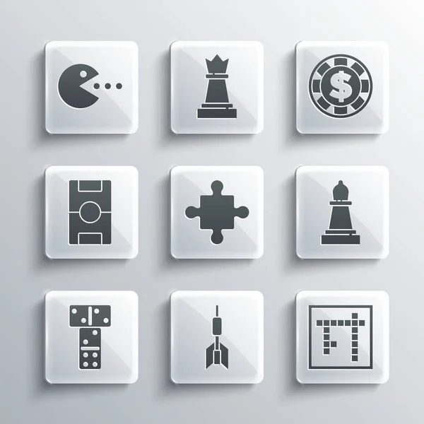 Set Dart arrow, Bingo, Chess, Puzzle pieces toy, Domino, Hockey table, Pacman with eat and Casino chip dollar icon. Vector — 스톡 벡터