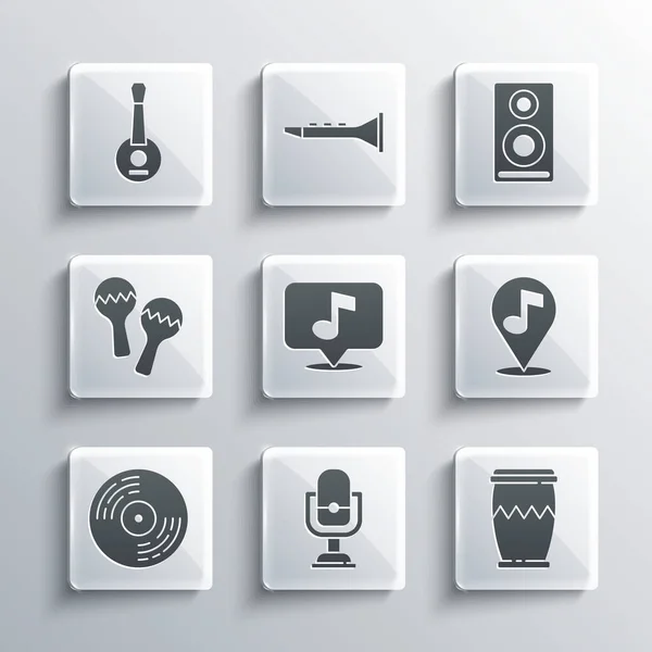 Set Microphone, Drum, Location musical note, Musical, Vinyl disk, Maracas, Banjo and Stereo speaker icon. Vector — Stock vektor