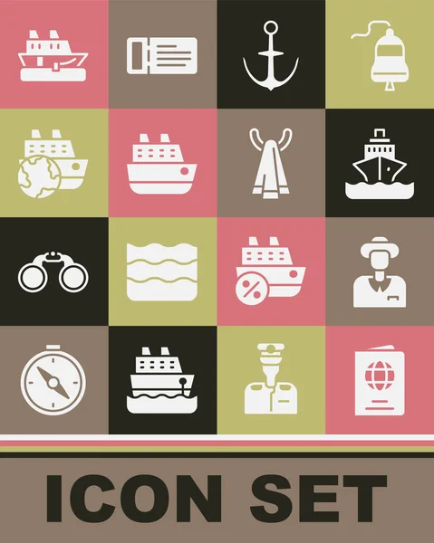 Set Passport, Tourist, Cruise ship, Anchor, and Towel on hanger icon. Vector — стоковий вектор