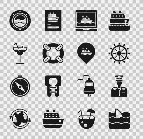 Set Shark fin in ocean wave, Captain of ship, Ship steering wheel, Cruise, Lifebuoy, Cocktail, porthole with seascape and Location cruise icon. Vector — Stock Vector