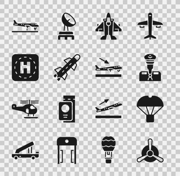 Set Plane propeller, Box flying on parachute, Pilot, Jet fighter, Rocket, Helicopter landing pad, and icon. Vector — Stockový vektor