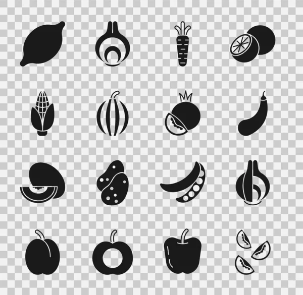 Set Tomato, Onion, Eggplant, Carrot, Watermelon, Corn, Lemon and icon. Vector — Archivo Imágenes Vectoriales