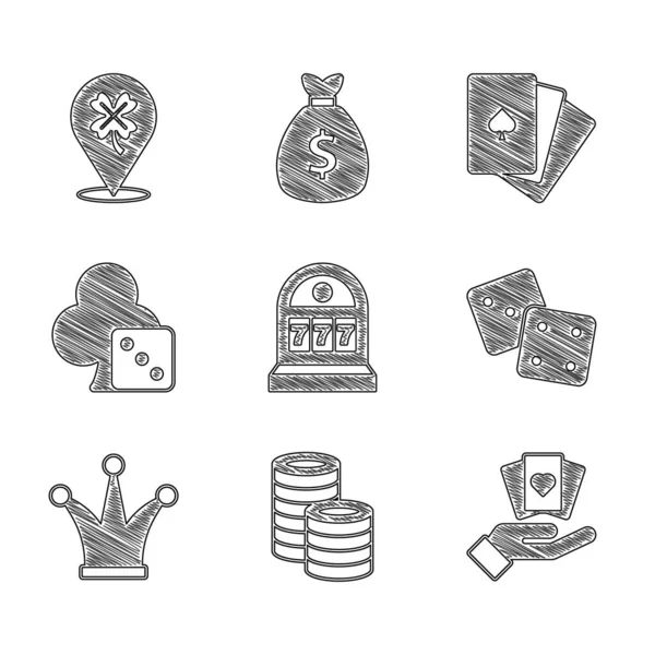 Set Slot machine with jackpot, Casino chips, Hand holding playing cards, Game dice, Joker, Deck of and slot clover icon. Vector — Διανυσματικό Αρχείο