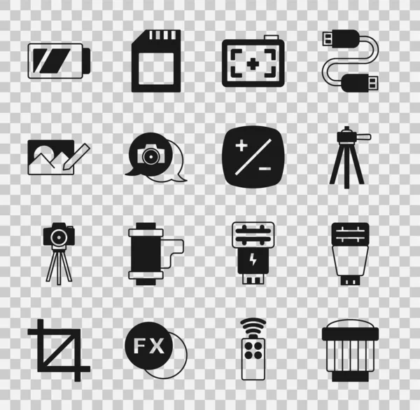 Fotolens, Fotocamera flitser, Statief, retoucheren, Batterij voor en belichting compensatie pictogram. Vector — Stockvector