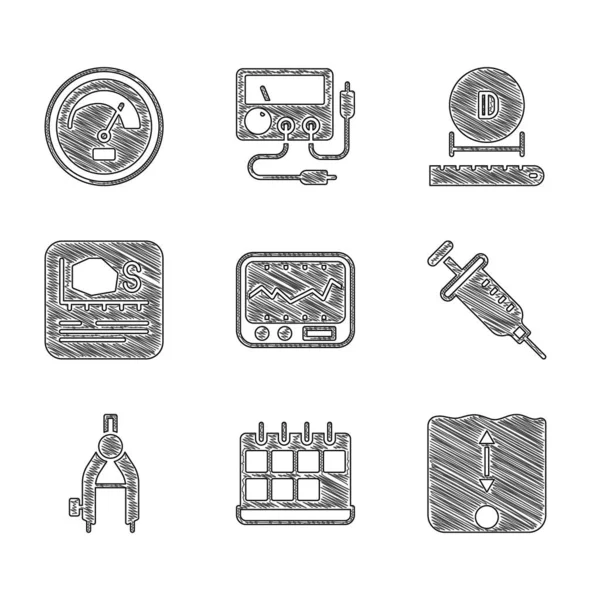 Set Measuring instrument, Calendar, Depth measurement, Syringe, Drawing compass, Area, Diameter and Speedometer icon. Vector — Vetor de Stock